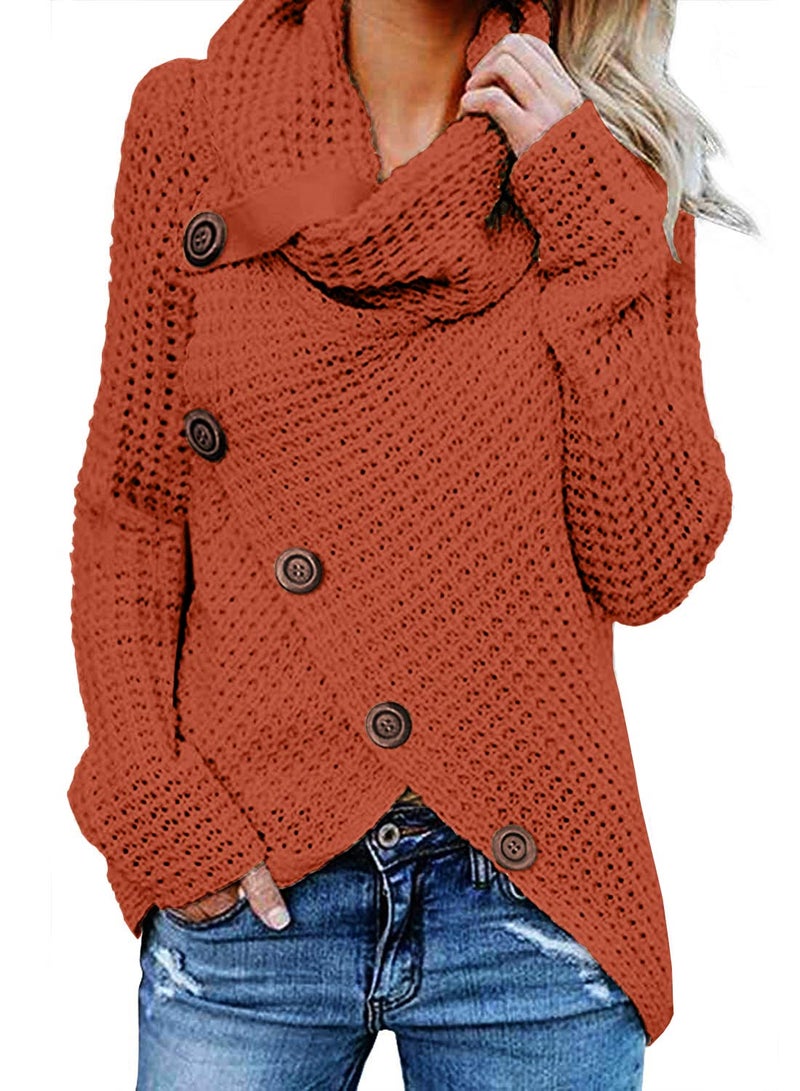 GRECERELLE Women's Fall Chunky Turtleneck Long Sleeve Asymmetric Hem Loose Knit Pullover Sweaters Tops, Orange Red, S - Image 1