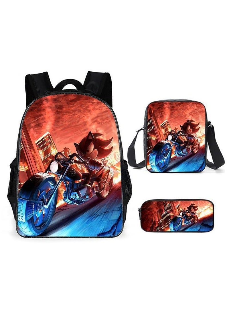 Sonic Primary School Backpack Cartoon Anime Backpack Messenger Bag Pencil Case Three-Piece Set 29*16*42cm