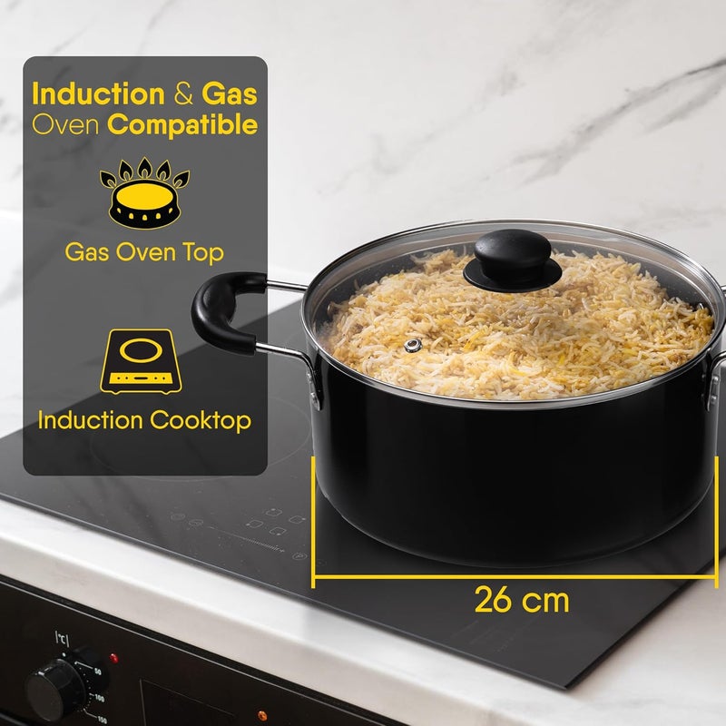 AGARO Elegant Non Stick Biryani Pot with Glass Lid 26 cm Diameter 55 Liter Capacity Non Stick Coated Aluminium Pot Side Handle Gas Induction Oven Compatible Biriyani Pulao Rice - Image 5