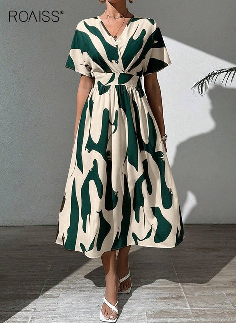 فستان ماكسي كاجوال نسائي أنيق بأكمام قصيرة ورقبة على شكل حرف V وخصر مرتفع، فستان أنيق وعصري مناسب للتنقل بخصر مطاطي وطباعة ألوان متعددة