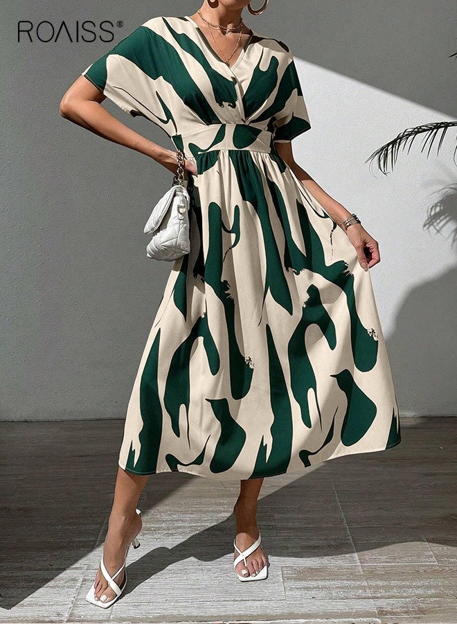 roaiss Fashion Women Casual Maxi Dress V-Neck Printed Short Sleeve High Waist Dress Ladies Elegant Stylish Commuting Elastic Waist Color Block Print Dress  - Image 4