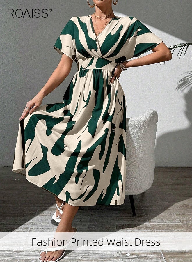 roaiss Fashion Women Casual Maxi Dress V-Neck Printed Short Sleeve High Waist Dress Ladies Elegant Stylish Commuting Elastic Waist Color Block Print Dress  - Image 3