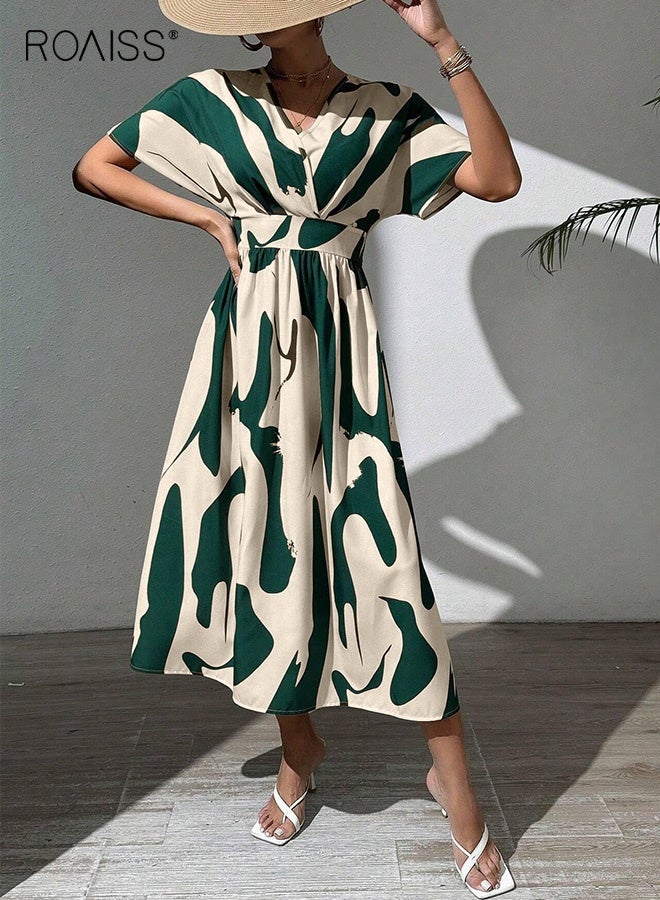 roaiss Fashion Women Casual Maxi Dress V-Neck Printed Short Sleeve High Waist Dress Ladies Elegant Stylish Commuting Elastic Waist Color Block Print Dress  - Image 2