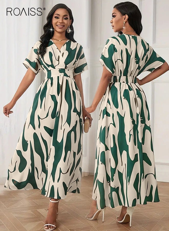 roaiss Fashion Women Casual Maxi Dress V-Neck Printed Short Sleeve High Waist Dress Ladies Elegant Stylish Commuting Elastic Waist Color Block Print Dress  - Image 5
