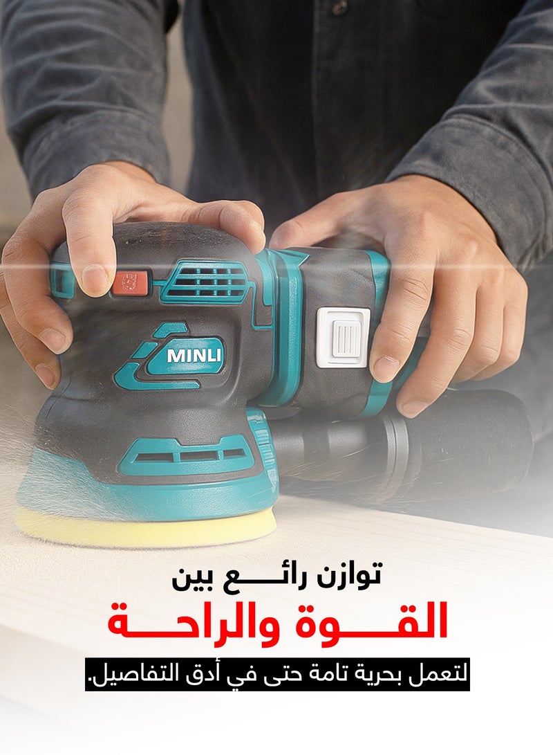 مينلى MINLI جهاز صنفرة لاسلكي بقدرة 18 فولت – مزوّد بثلاث سرعات، تصميم محمول باليد، وكيس لتجميع الغبار | يعمل بالبطارية ومثالي لصنفرة الخشب والمعادن وتشطيبات الأسطح. - Image 2