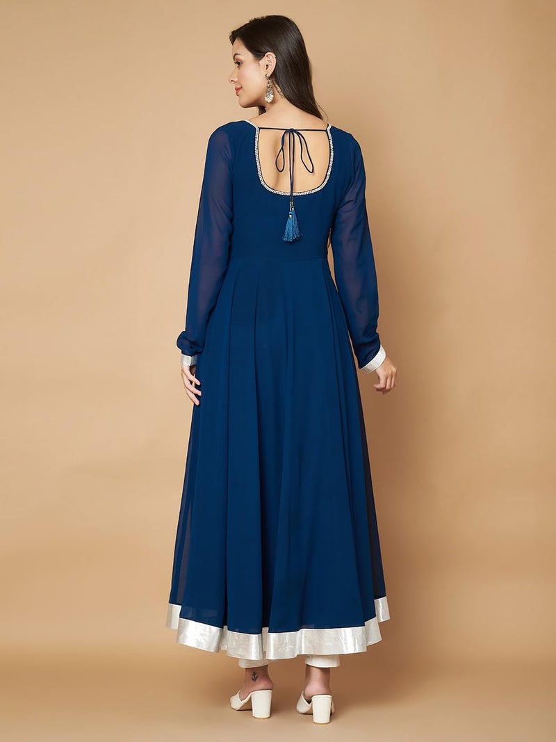 KZA Women's Georgette Hand Embroidered Flared Anarkali Kurta Suit with Full Sleeves for Ethnic Wear Teal Blue - Image 4