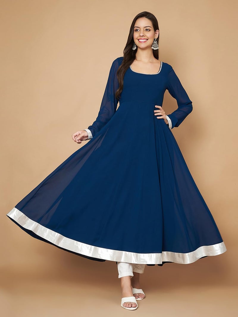 KZA Women's Georgette Hand Embroidered Flared Anarkali Kurta Suit with Full Sleeves for Ethnic Wear Teal Blue - Image 2