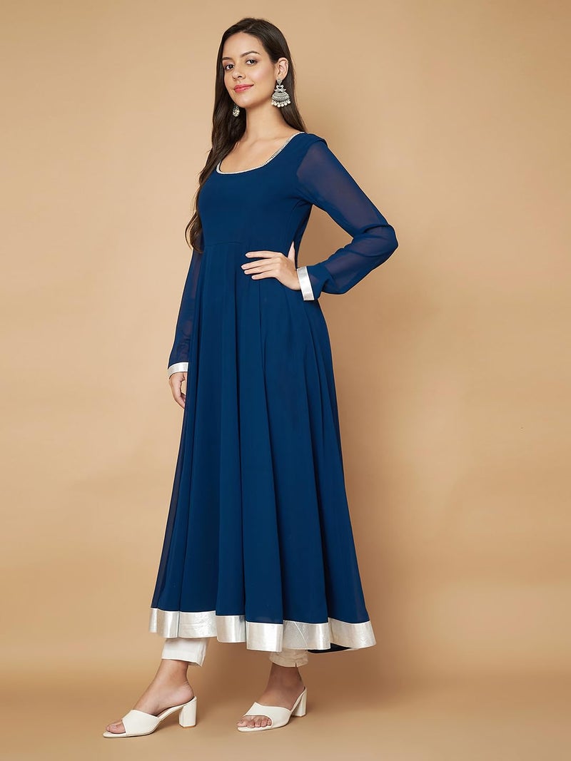 KZA Women's Georgette Hand Embroidered Flared Anarkali Kurta Suit with Full Sleeves for Ethnic Wear Teal Blue - Image 3