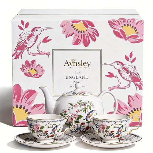 Aynsley Fine Bone China Pembroke Oban Teapot and Set of 2 Teacups & Saucers - Image 1