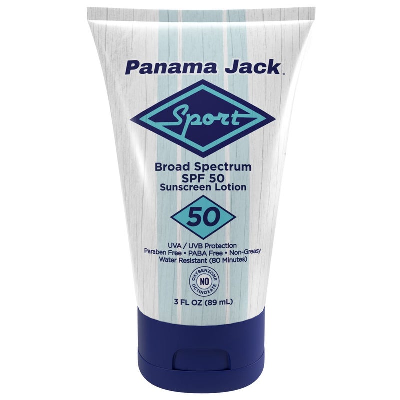 Panama Jack Sport Sunscreen Lotion  SPF 50 Broad Spectrum UVAUVB Protection NonGreasy PABA Paraben Gluten  Cruelty Free 3 FL OZ Pack of 1