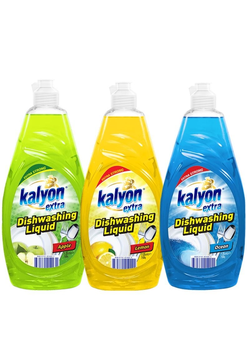 kalyon Extra Dishwashing Liquid 735 ML Apple, Lemon, Ocean Scented value pack of 3 - Image 1