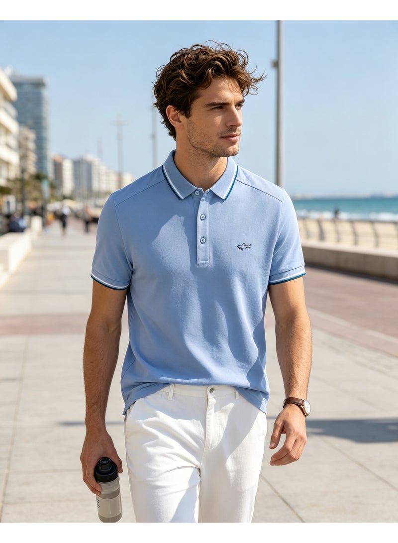 Paul & Shark Men Short Sleeve Casual Polo Shirt, Regular Fit Summer Office Daily Wear - Sky Blue - Image 4