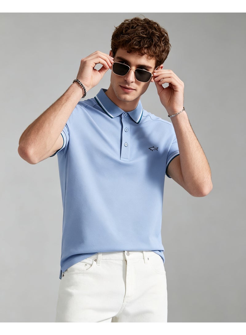 Paul & Shark Men Short Sleeve Casual Polo Shirt, Regular Fit Summer Office Daily Wear - Sky Blue - Image 2