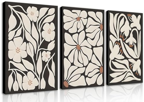 QGNBGBJ Framed Black Boho Flowers Plant Wall Art Abstract Botanical Flower Canvas Poster Vintage Bohemian Neutral Floral Prints Wall Decor Trendy Black Beige Floral Set for Girl Bedroom12x16in - Image 1
