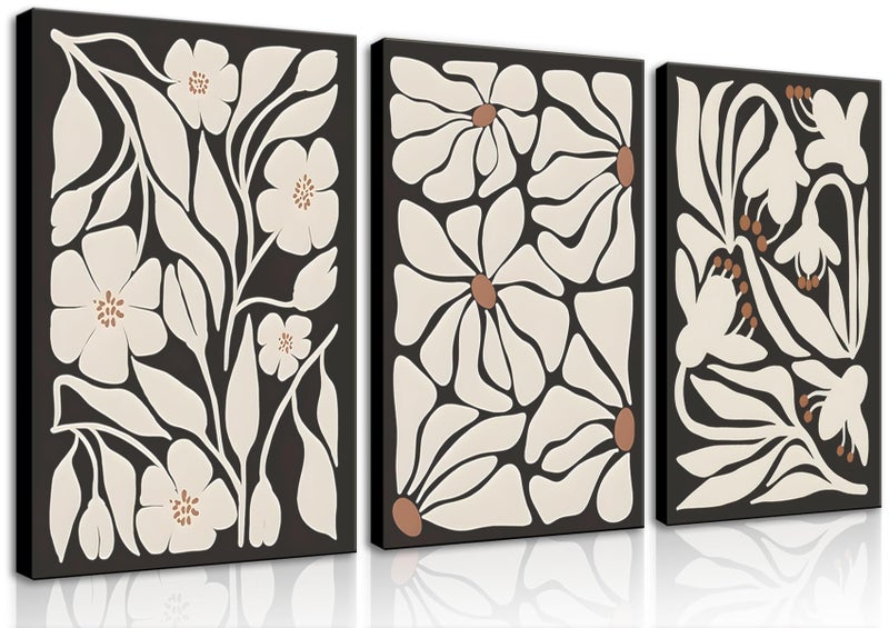 QGNBGBJ Framed Black Boho Flowers Plant Wall Art Abstract Botanical Flower Canvas Poster Vintage Bohemian Neutral Floral Prints Wall Decor Trendy Black Beige Floral Set for Girl Bedroom12x16in - Image 2