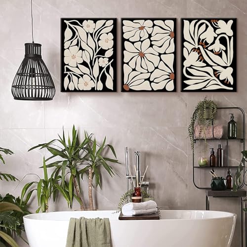 QGNBGBJ Framed Black Boho Flowers Plant Wall Art Abstract Botanical Flower Canvas Poster Vintage Bohemian Neutral Floral Prints Wall Decor Trendy Black Beige Floral Set for Girl Bedroom12x16in - Image 3
