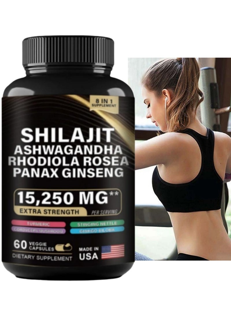 Shilajit RX 9000MG Pure Himalayan Shilajit, 2000MG Ashwagandha Energy Booster, 1000MG Rhodiola Rosea, 1500MG Panax Ginseng, Turmeric, Ginkgo, and Stinging Nettle, Comprehensive Energy and Health Boost, 60 Capsules  - Image 1