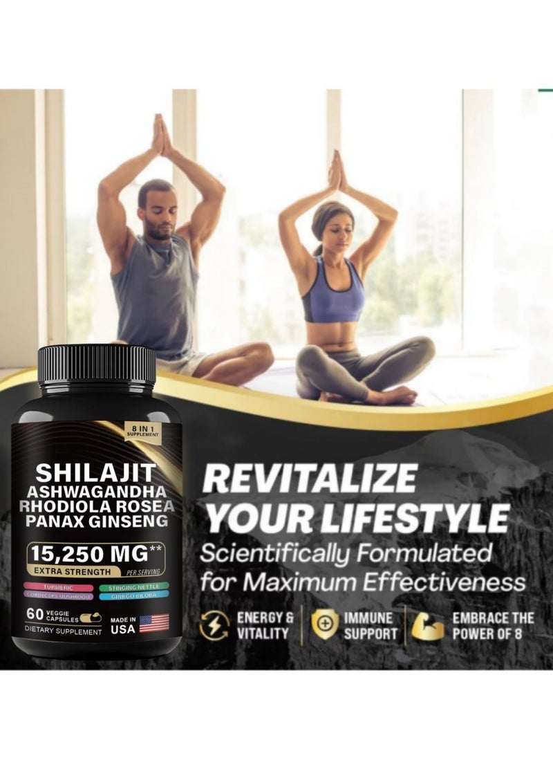 Shilajit RX 9000MG Pure Himalayan Shilajit, 2000MG Ashwagandha Energy Booster, 1000MG Rhodiola Rosea, 1500MG Panax Ginseng, Turmeric, Ginkgo, and Stinging Nettle, Comprehensive Energy and Health Boost, 60 Capsules  - Image 2
