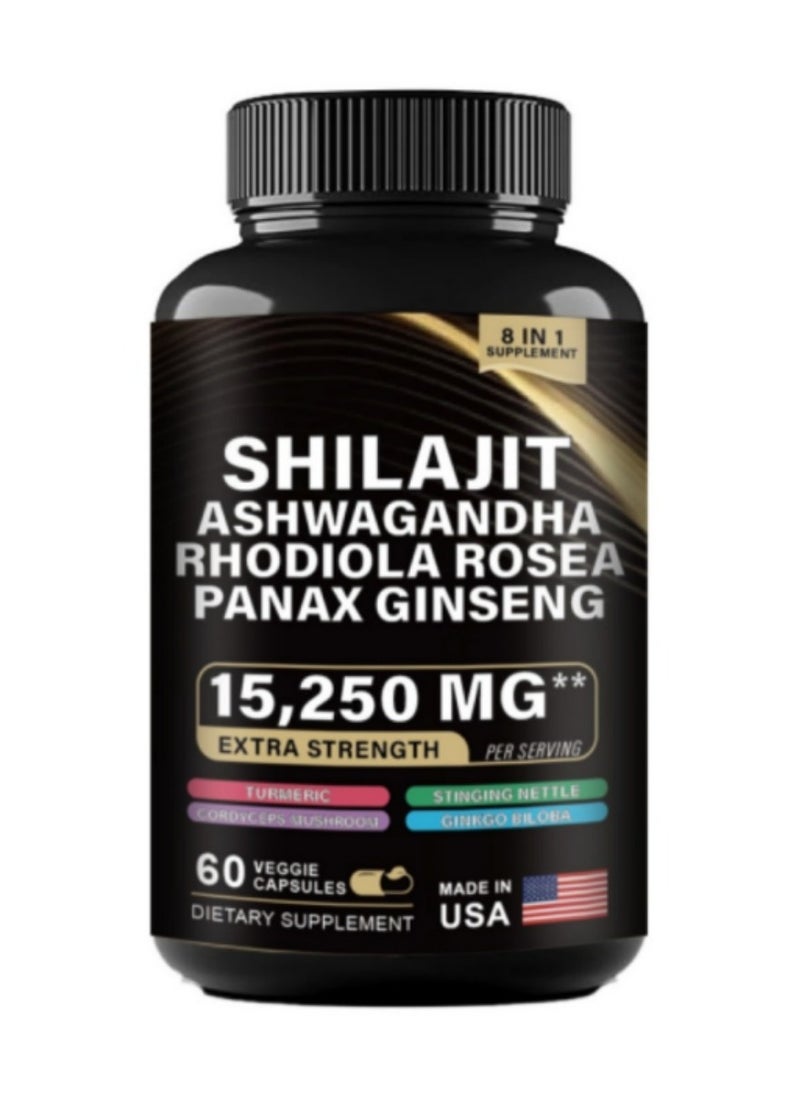 Shilajit RX - 9000MG Pure Himalayan Shilajit, 2000MG Ashwagandha Energy Booster, 1000MG Rhodiola Rosea, 1500MG Panax Ginseng, Turmeric, Ginkgo, and Stinging Nettle, Comprehensive Energy and Health Boost, 60 Capsules - Image 1