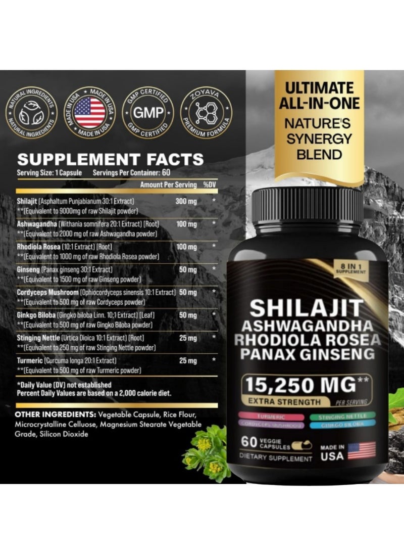 Shilajit RX 9000MG Pure Himalayan Shilajit, 2000MG Ashwagandha Energy Booster, 1000MG Rhodiola Rosea, 1500MG Panax Ginseng, Turmeric, Ginkgo, and Stinging Nettle, Comprehensive Energy and Health Boost, 60 Capsules  - Image 5