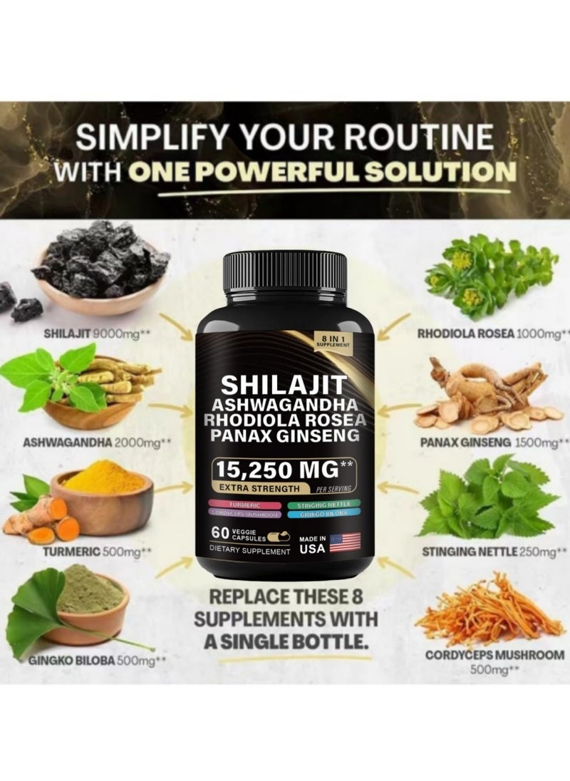 Shilajit RX 9000MG Pure Himalayan Shilajit, 2000MG Ashwagandha Energy Booster, 1000MG Rhodiola Rosea, 1500MG Panax Ginseng, Turmeric, Ginkgo, and Stinging Nettle, Comprehensive Energy and Health Boost, 60 Capsules  - Image 3