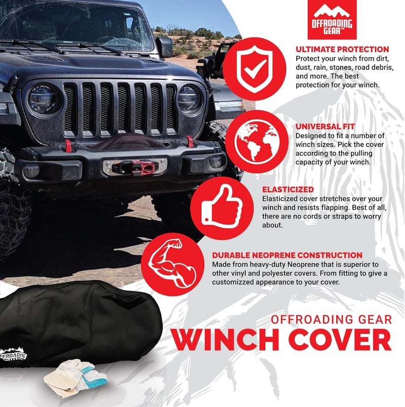 Offroading Gear 4x4 Waterproof and Dust-Resistant Heavy-Duty Winch Cover for 8,000lbs - 10,000lbs Winches | Black Neoprene Fabric | ATV| Jeep| Truck| Etc.| Medium - Image 3