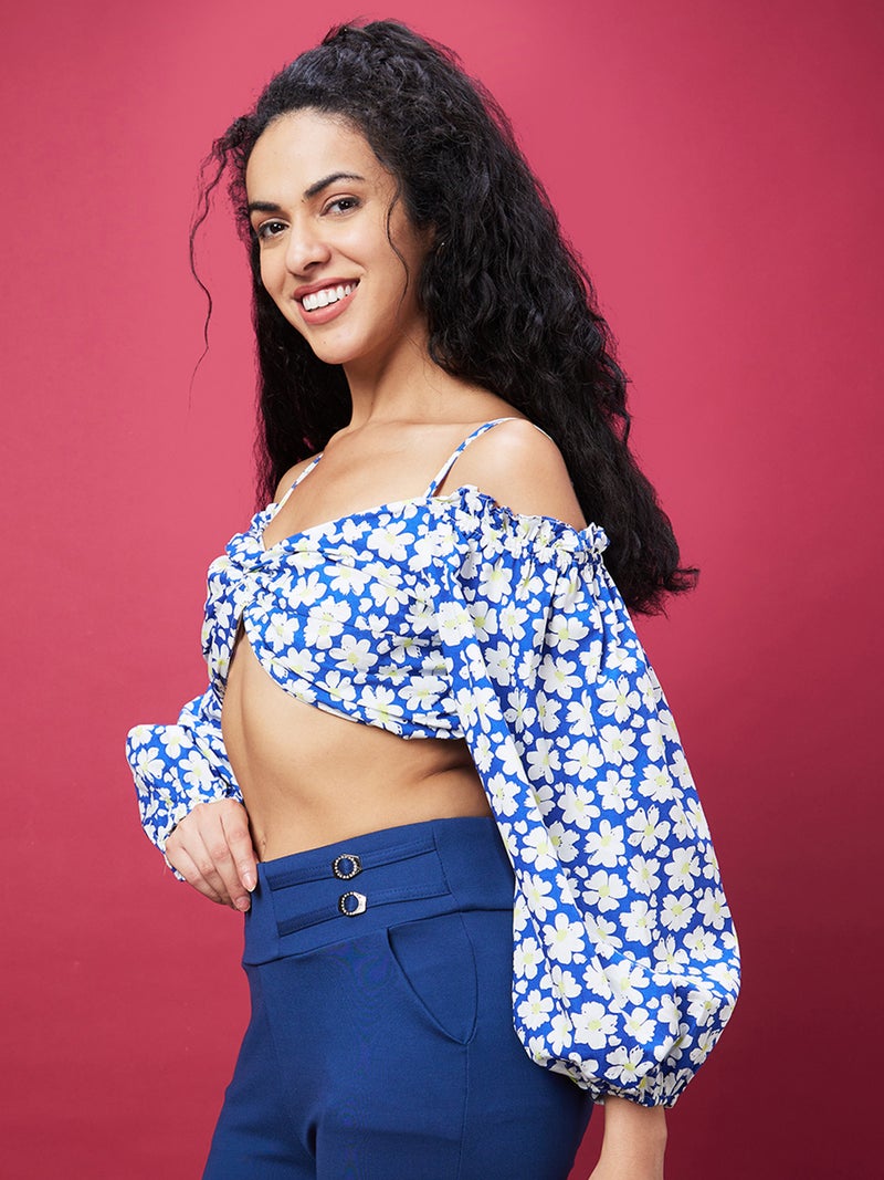 globus Globus Women White Floral Printed Shoulder Straps Cold-Shoulder Sleeves Cotton Bralette Crop Top  - Image 2