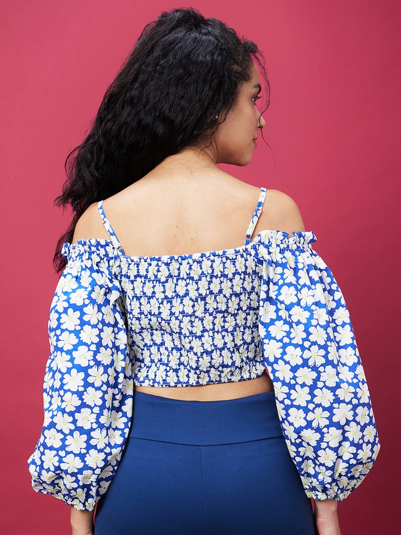 globus Globus Women White Floral Printed Shoulder Straps Cold-Shoulder Sleeves Cotton Bralette Crop Top  - Image 3