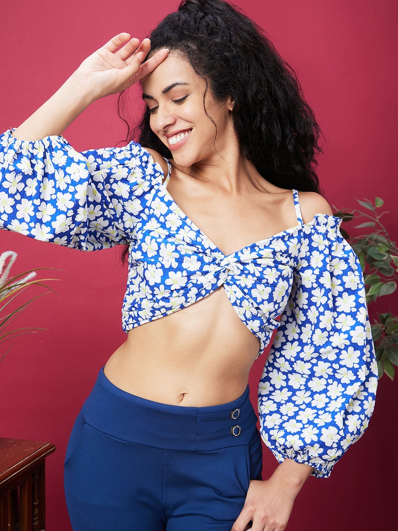 globus Globus Women White Floral Printed Shoulder Straps Cold-Shoulder Sleeves Cotton Bralette Crop Top  - Image 1