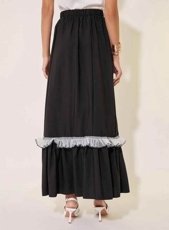 Take Two Solid Ruffled Hem Lace Insert A-Line Maxi Skirt