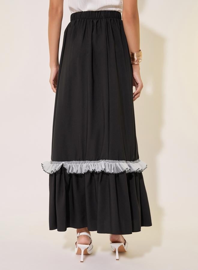 Take Two Solid Ruffled Hem Lace Insert A-Line Maxi Skirt  - Image 4