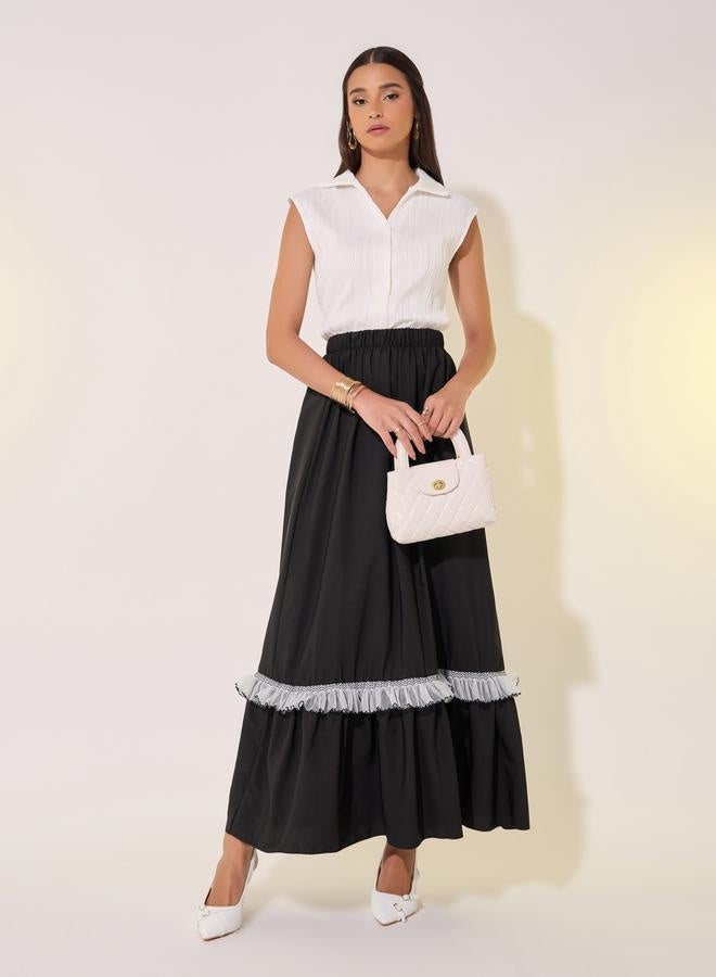 Take Two Solid Ruffled Hem Lace Insert A-Line Maxi Skirt  - Image 1