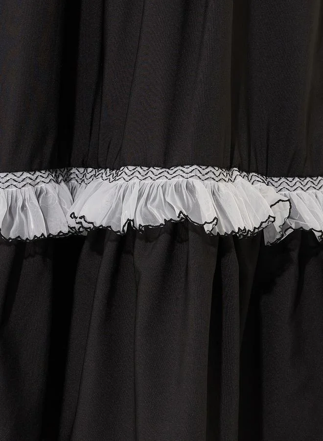 Take Two Solid Ruffled Hem Lace Insert A-Line Maxi Skirt