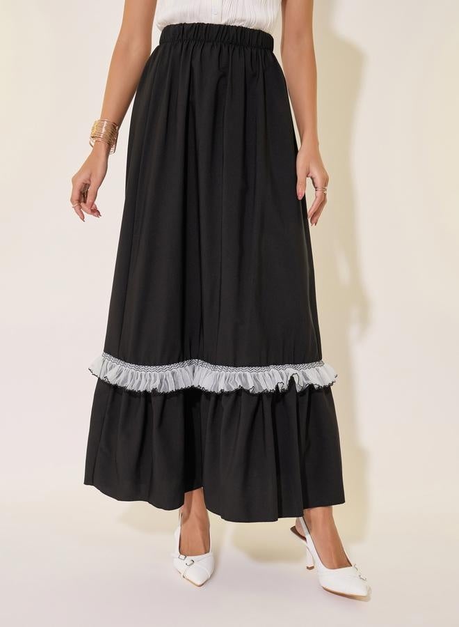 Take Two Solid Ruffled Hem Lace Insert A-Line Maxi Skirt  - Image 2
