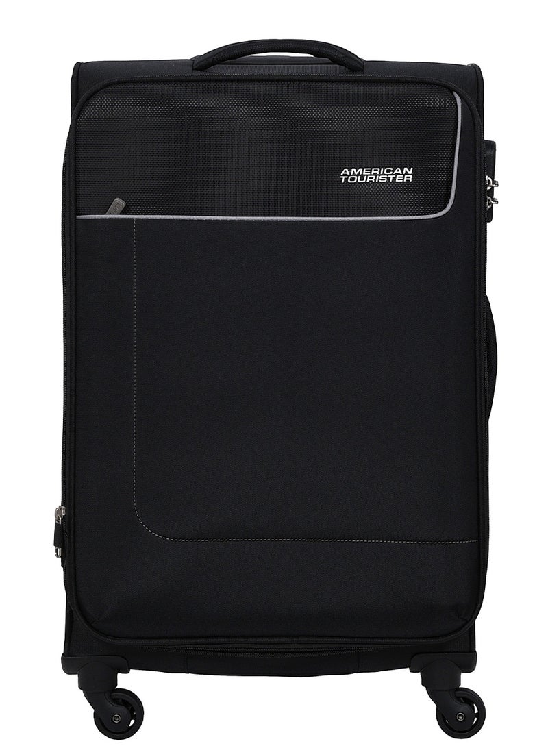 AMERICAN TOURISTER Jamaica Suitcase, Check-In Size 69 cm / 25 inch, 4 Spinner Wheels, Soft Top, 100% Polyester, Black|TSA Combination Lock|Expandable|Front Pocket Storage Compartment|Corner Guard|Retractable Aluminum Handle - 3 Years International Warranty - Image 4