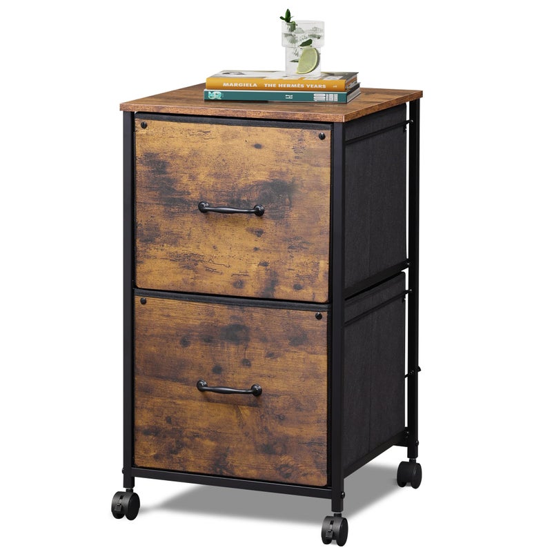 DEVAISE 2 Drawer Mobile File Cabinet, Rolling Printer Stand, Fabric Vertical Filing Cabinet fits A4 or Letter Size for Home Office, Rustic Brown Wood Grain Print - Image 1