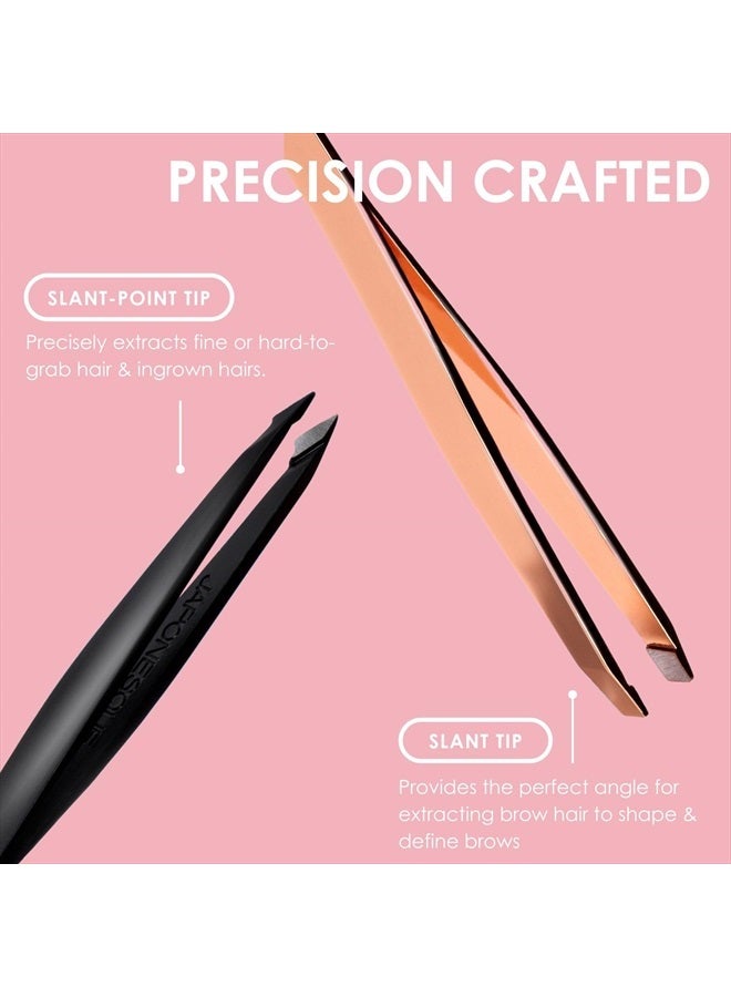Japonesque Pointed-Slant & Slant Tweezers, 2 Pack for Eyebrow Grooming, Facial Hair Removal, Rose Gold and Black, Stainless Steel - Image 4