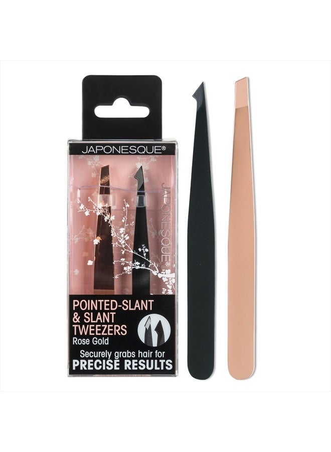 Japonesque Pointed-Slant & Slant Tweezers, 2 Pack for Eyebrow Grooming, Facial Hair Removal, Rose Gold and Black, Stainless Steel - Image 1