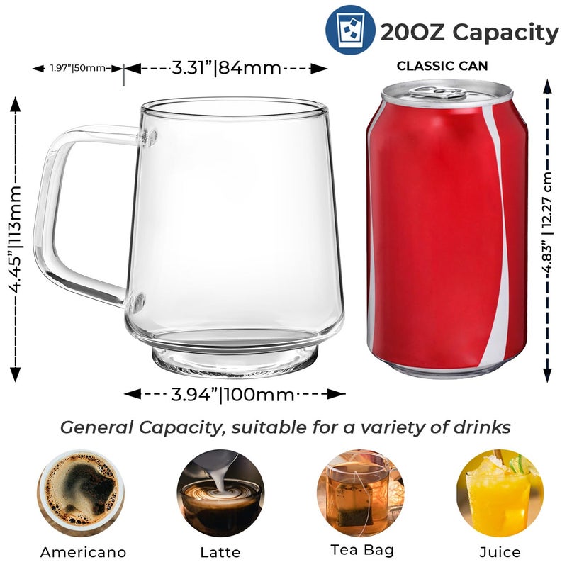Aquach 20 Oz Glass Coffee Tea Cups, Clear Mugs with Handle, Microwave and Dishwasher safe Home Office Mug Perfect for Americano Latte Hot Beverages, 2-Pack - Image 4