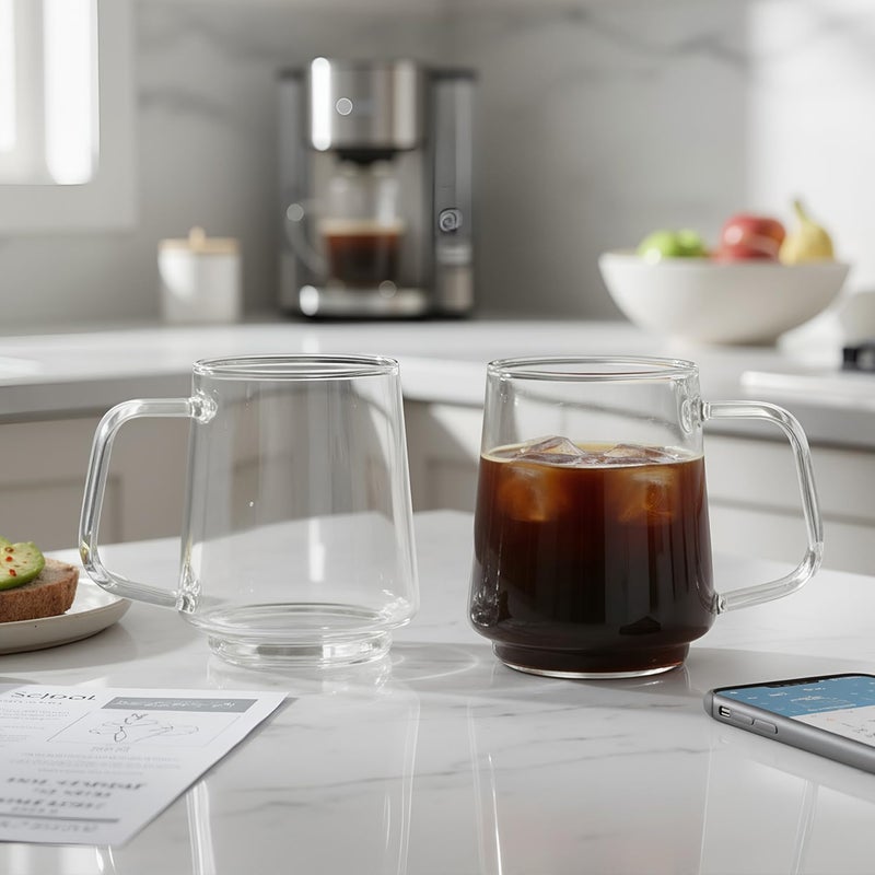 Aquach 20 Oz Glass Coffee Tea Cups, Clear Mugs with Handle, Microwave and Dishwasher safe Home Office Mug Perfect for Americano Latte Hot Beverages, 2-Pack - Image 2