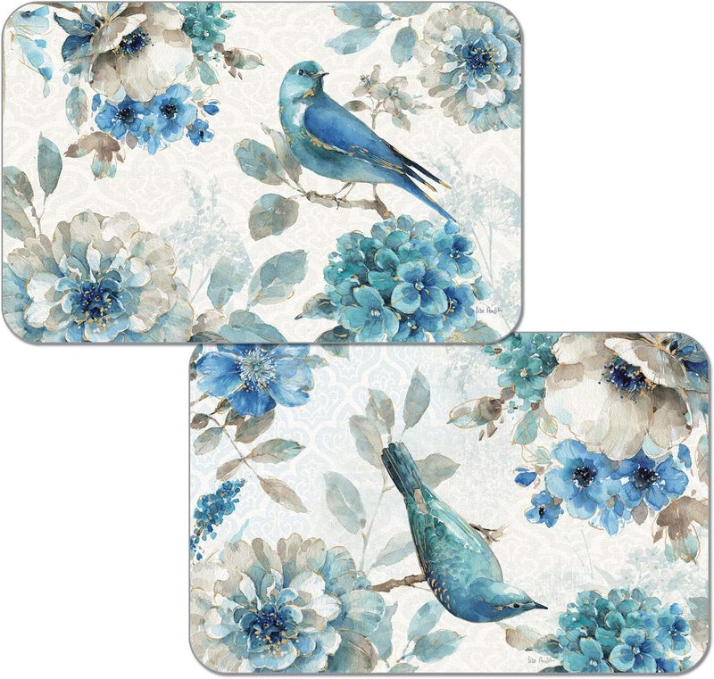 Counterart Indigold Flowers  Birds Reversible Easy Care Flexible Plastic Placemat 4 Pack Made in the USA - Image 1