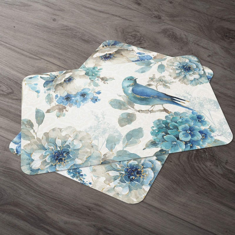 Counterart Indigold Flowers  Birds Reversible Easy Care Flexible Plastic Placemat 4 Pack Made in the USA - Image 2