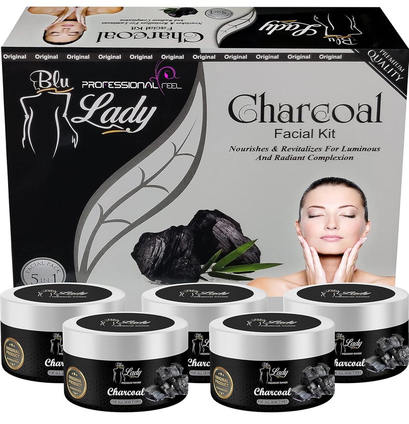 Blu Lady Professional Black Charcoal Facial Kit Beauty Charcoal Instant Glow Ever in India All Type Skin Fairness Set of 5 275 G charcoal - Image 1