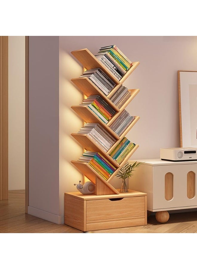 Soofam 10-Tier Tree Bookshelf, Home Shelf Corner Wall Shelves Display Cabinet Bookcase Storage Rack with Drawer, Thickened Wooden Display Floor Standing for Bedroom, Living Room, Study, Office (Wood color) - Image 1