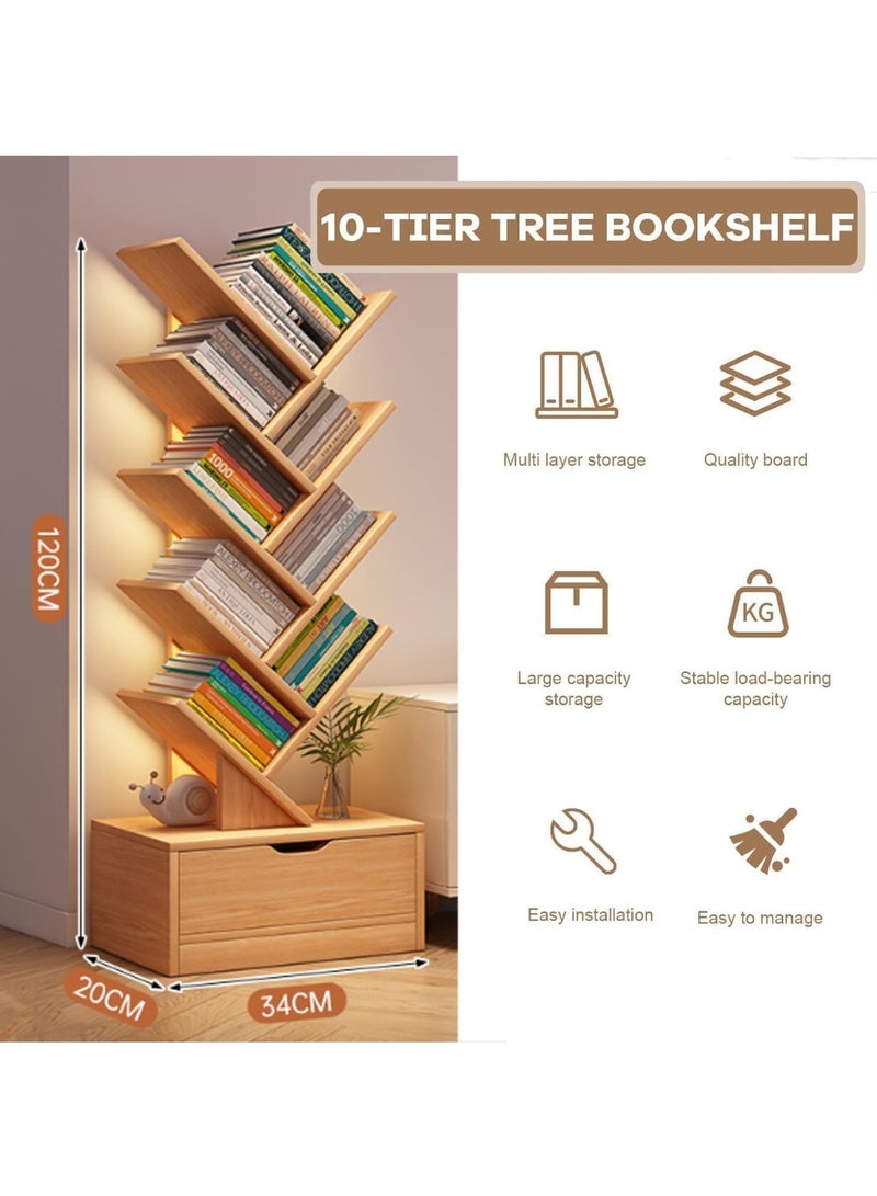 Soofam 10-Tier Tree Bookshelf, Home Shelf Corner Wall Shelves Display Cabinet Bookcase Storage Rack with Drawer, Thickened Wooden Display Floor Standing for Bedroom, Living Room, Study, Office (Wood color) - Image 2
