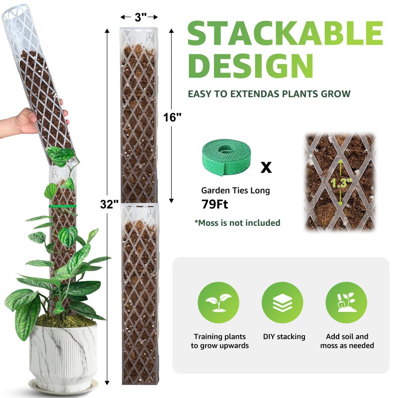 Sisher Monstera Moss Pole 4pcs Plastic Moss Pole for Climbing Plants Work with Sphagnum Moss 16 Inch D Shaped Poles Indoor Plant Support, White - Image 4