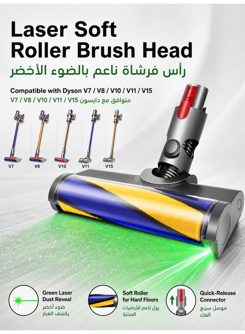 Laymi Vacuum Attachments Motorhead for Dyson V7 V8 V10 V11 V15 Cordless Cleaners, Quick-Release Hardwood Floor Brush Head with Dust Detection Light Soft Roller Clean Head Replacement Accessories Parts - Image 1