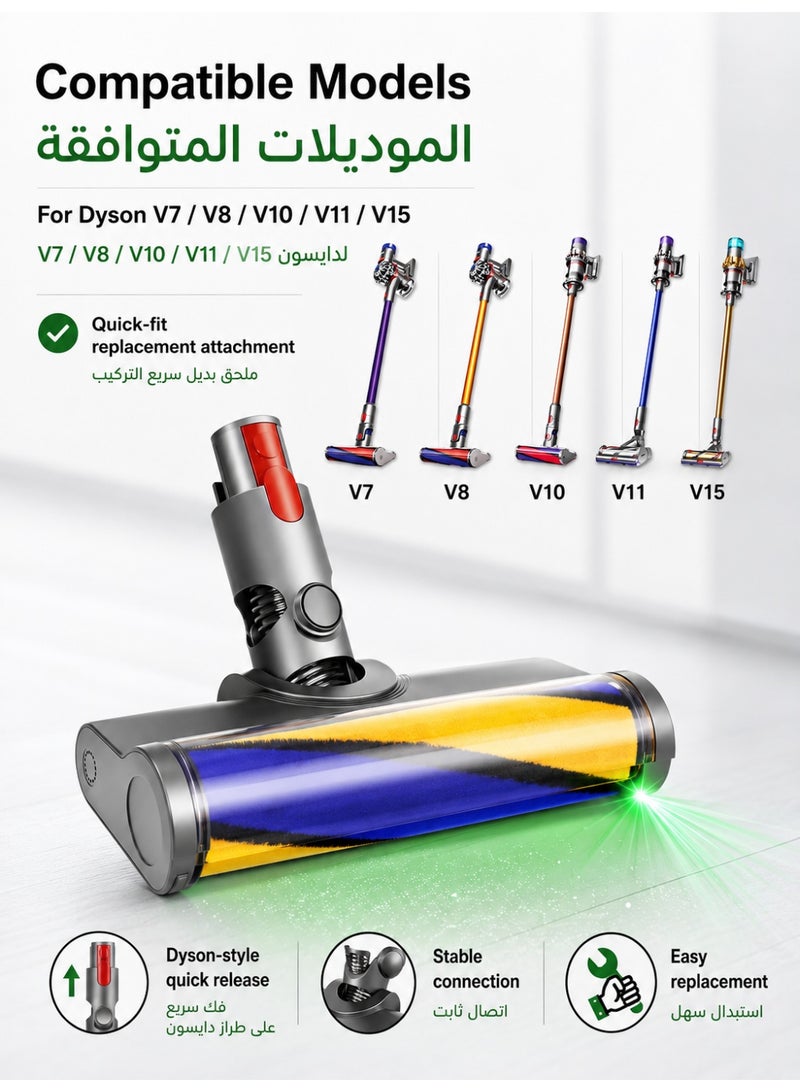 Laymi Vacuum Attachments Motorhead for Dyson V7 V8 V10 V11 V15 Cordless Cleaners, Quick-Release Hardwood Floor Brush Head with Dust Detection Light Soft Roller Clean Head Replacement Accessories Parts - Image 3