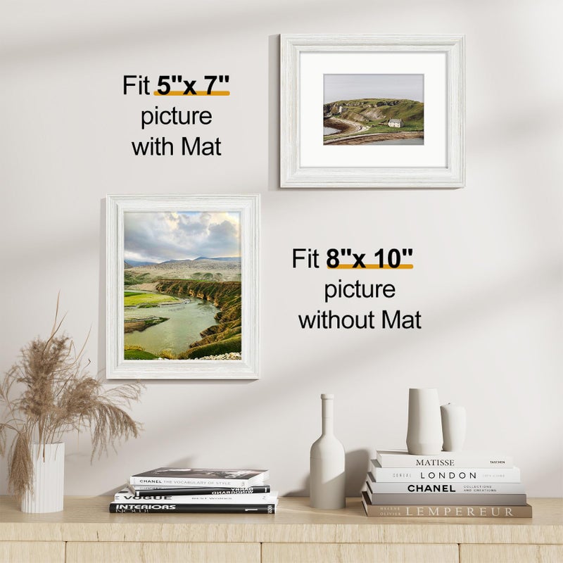 Vittanly 8x10 Picture Frames Set of 2  Display 5x7 Pictures with Mat or 8x10 without Mat  Rustic Collage Photo Frames for Wall or Tabletop  White - Image 2