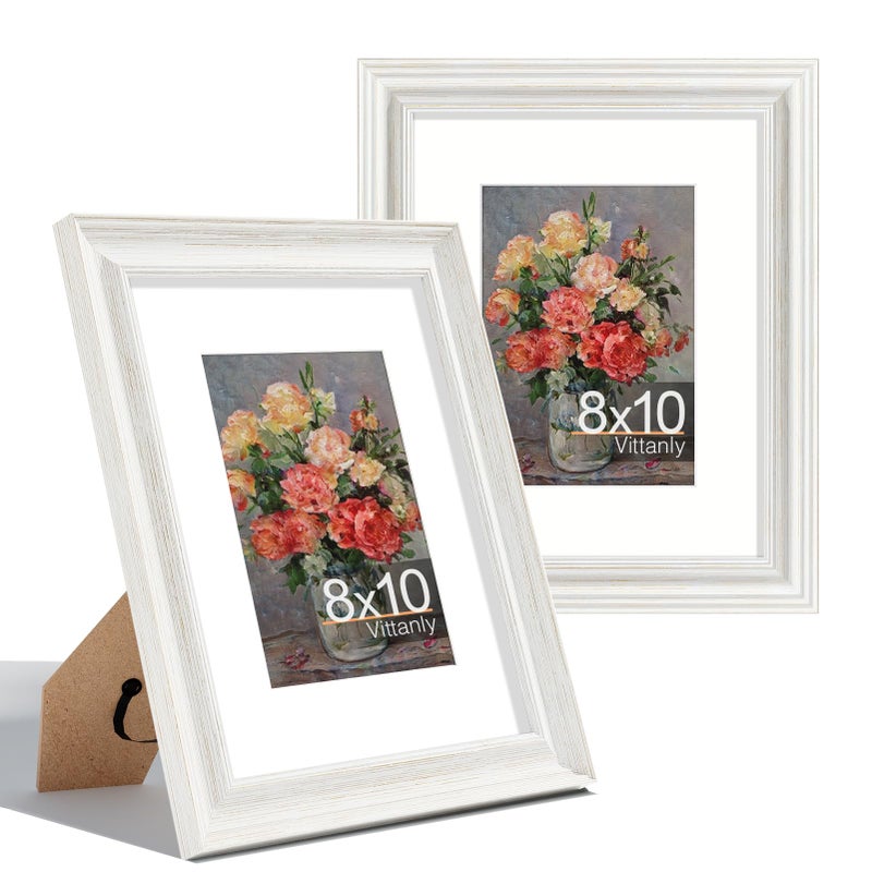 Vittanly 8x10 Picture Frames Set of 2  Display 5x7 Pictures with Mat or 8x10 without Mat  Rustic Collage Photo Frames for Wall or Tabletop  White - Image 1